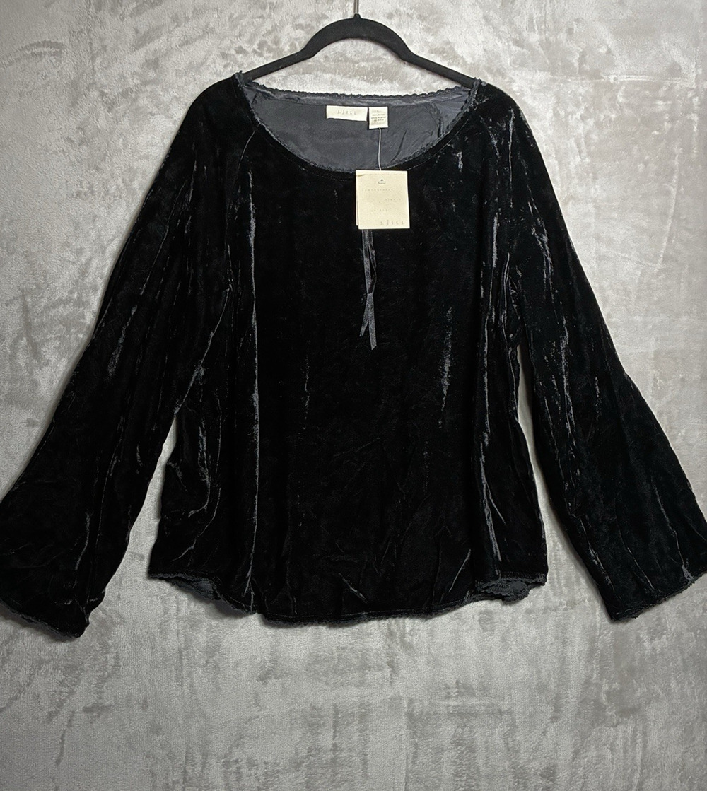 J. Jill Velour Scoop Neck Pullover Top Ribbon Collar Accent Black Size L
